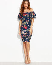Multicolor Floral Off The Shoulder Ruffle Dress